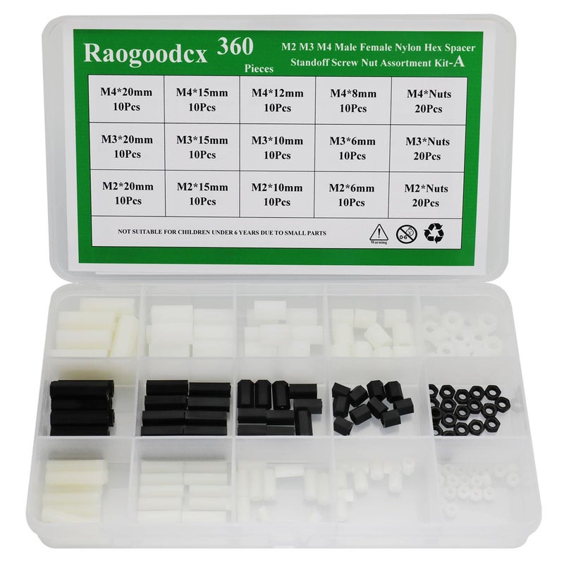 Raogoodcx 360pcs M2 M3 M4 Male Female Nylon Hex Spacer Standoff Screw Nut Assortment Kit - Image 2